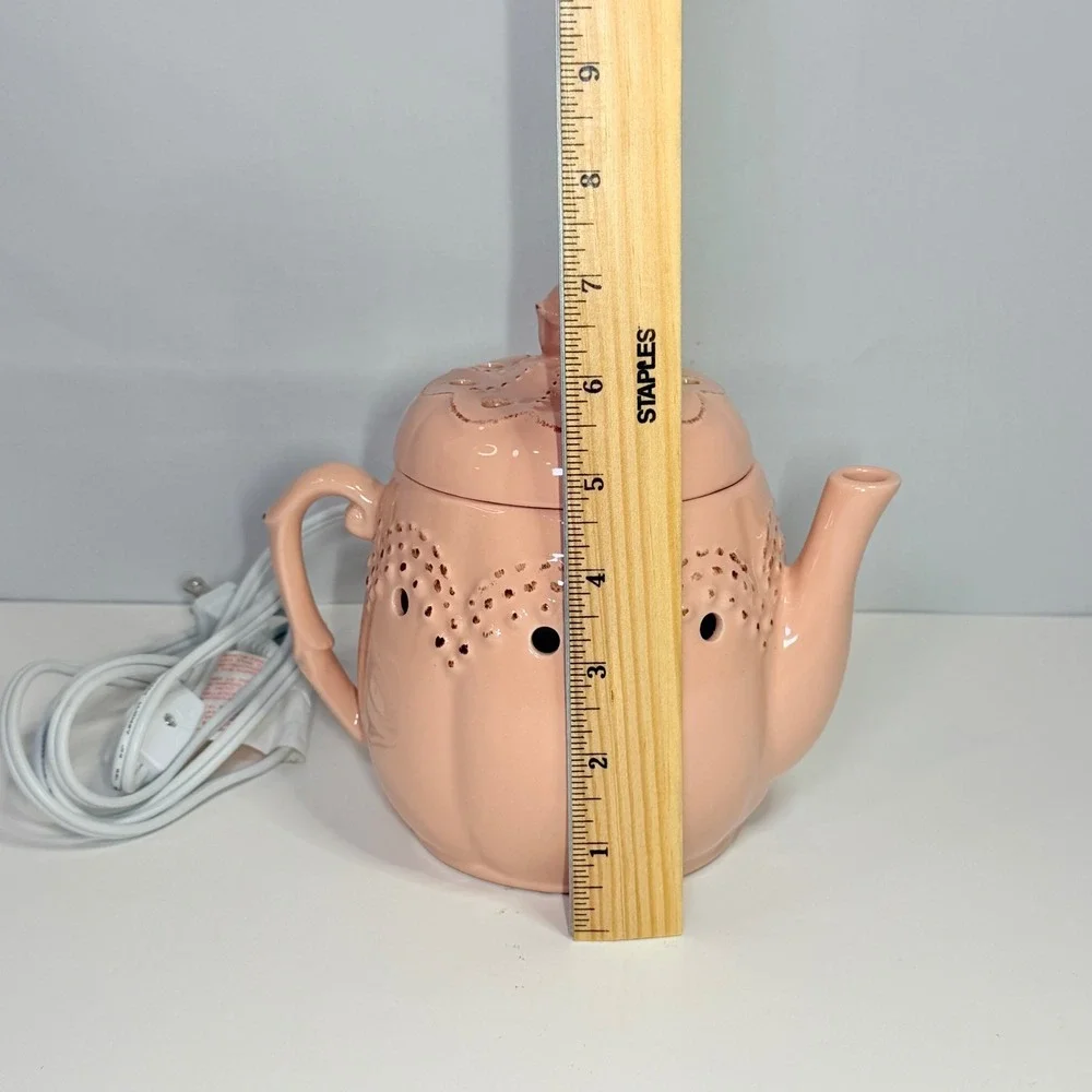 Retired Scentsy Tea Rose Electric Wax Warmer Pink Teapot Ceramic Eyelet Detail